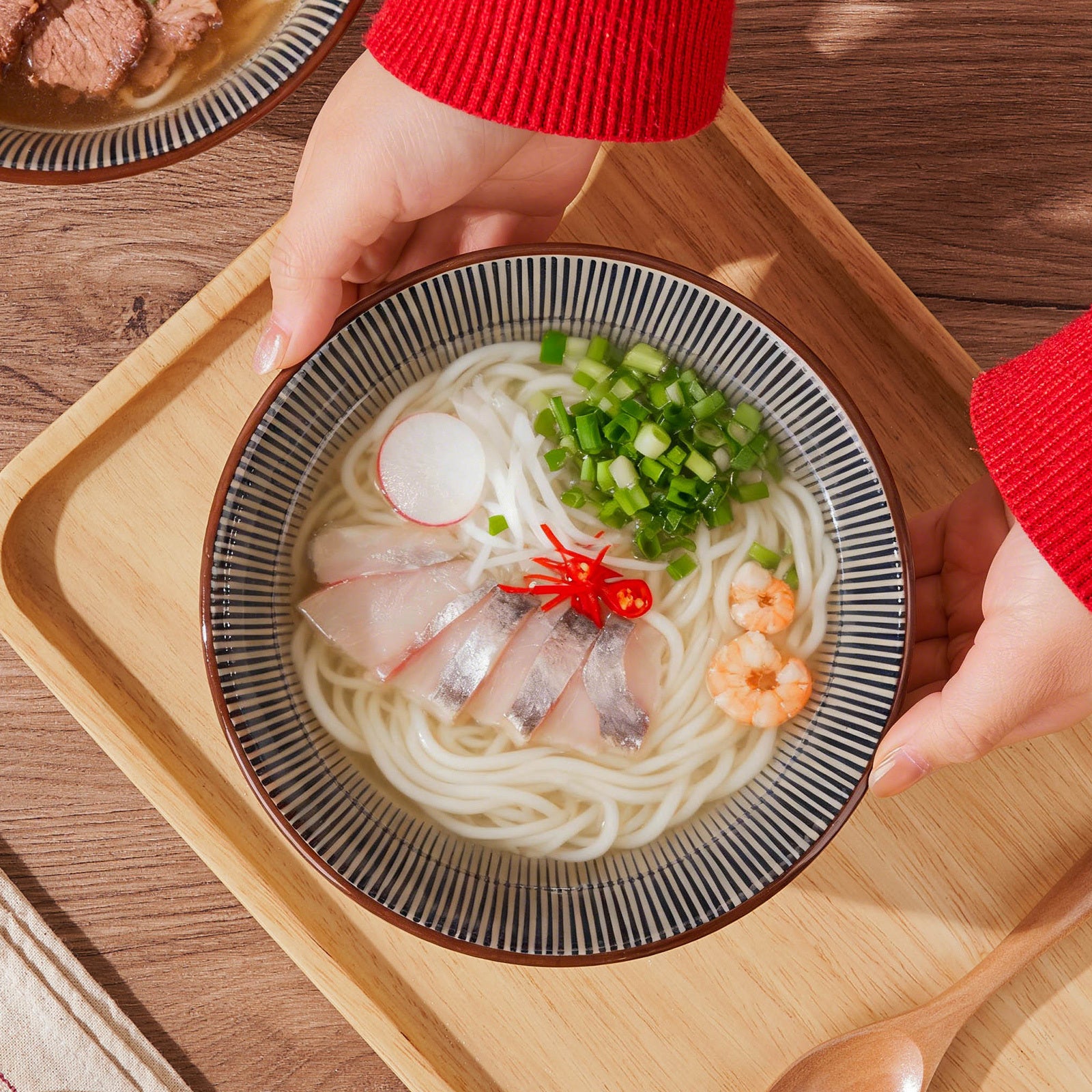 2\u002F4pcs 7-Inch Striped Ceramic Pasta Bowl | Underglaze Color Design