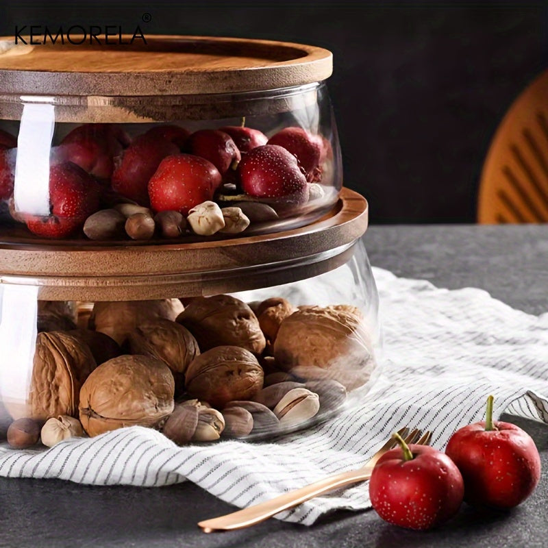 KEMORELA Glass Bowl with Lid - Food-Safe Glass Wood Kitchen Storage Container for Nuts