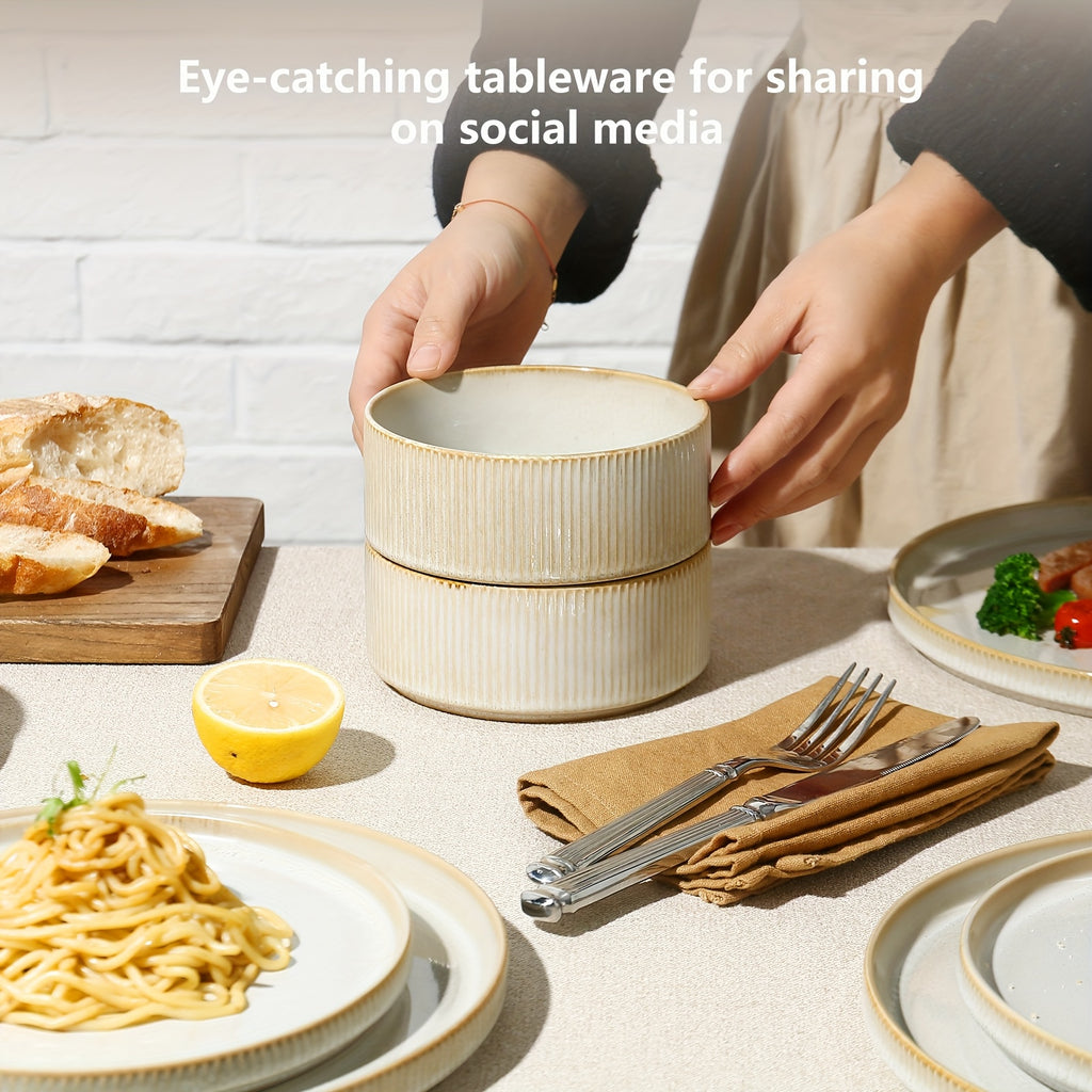 12pcs Striped Cream Beige Ceramic Dinnerware Set