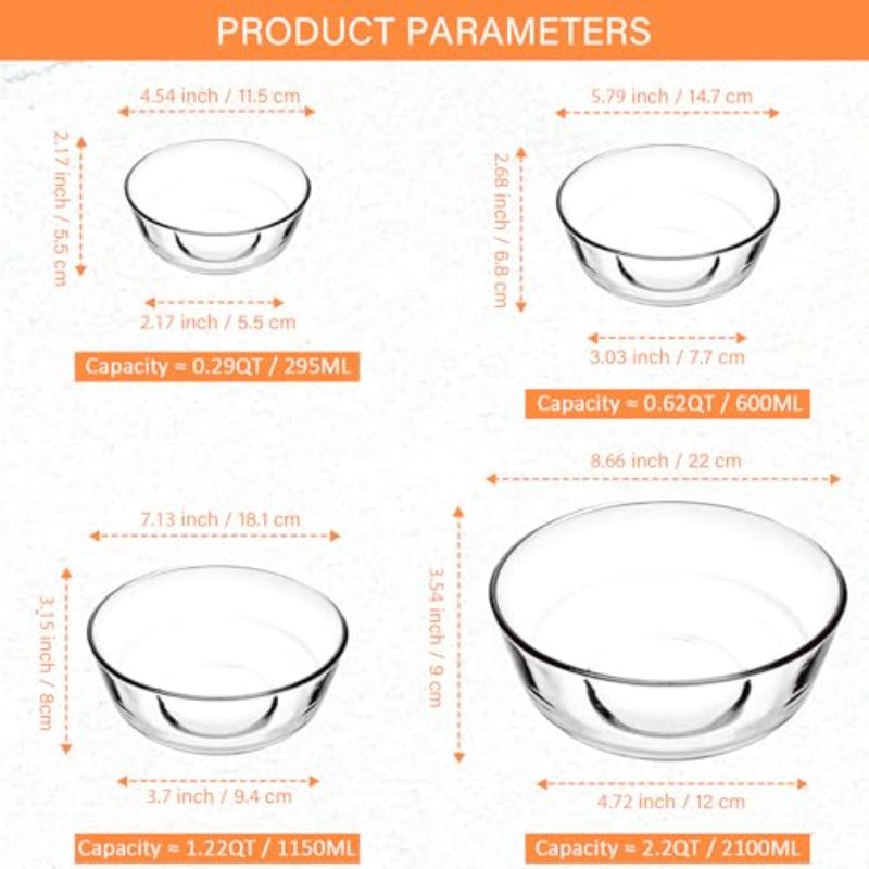 Set of 4 Glass Mixing Bowls | Stackable Kitchen Prepping Baking Cooking Prep Serving Bowls