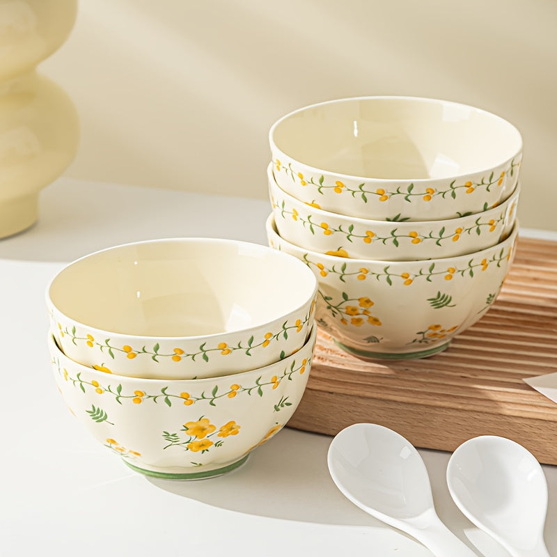42\u002F56pcs Pastoral Floral Ceramic Tableware Set for Home Use, Creamy Yellow Base with Yellow-Green Floral Patterns, Fresh & Gentle Style, Including Bowls\u002FPlates\u002FRectangular Plates, Ideal for Daily Family Meals, Desserts And Soups