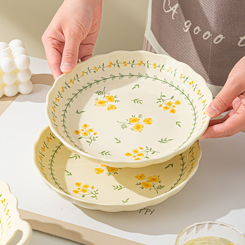 42\u002F56pcs Pastoral Floral Ceramic Tableware Set for Home Use, Creamy Yellow Base with Yellow-Green Floral Patterns, Fresh & Gentle Style, Including Bowls\u002FPlates\u002FRectangular Plates, Ideal for Daily Family Meals, Desserts And Soups