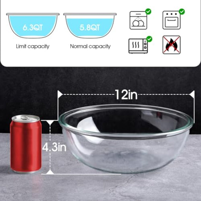 6.4QT Large Glass Mixing Bowl - Heavy-Duty & Tempered Glass Salad Serving Dish