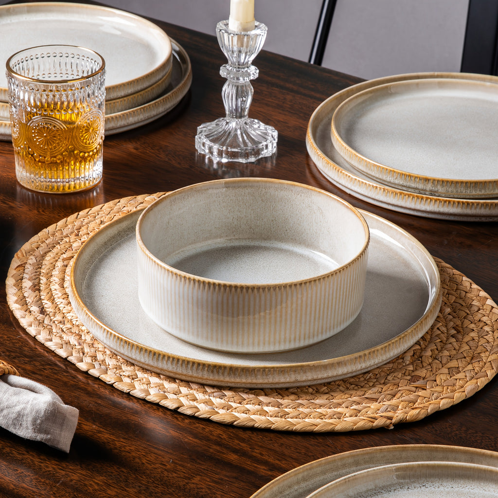 12pcs Striped Cream Beige Ceramic Dinnerware Set