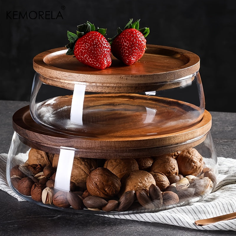 KEMORELA Glass Bowl with Lid - Food-Safe Glass Wood Kitchen Storage Container for Nuts