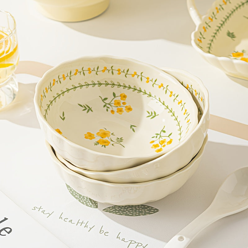 42\u002F56pcs Pastoral Floral Ceramic Tableware Set for Home Use, Creamy Yellow Base with Yellow-Green Floral Patterns, Fresh & Gentle Style, Including Bowls\u002FPlates\u002FRectangular Plates, Ideal for Daily Family Meals, Desserts And Soups