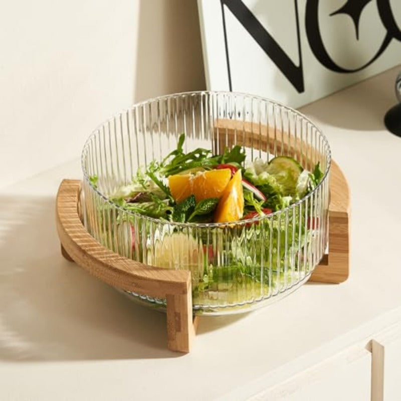 Large Borosilicate Glass Salad Bowl with Natural Stand - 8.74-Inch Wide-Mouth Serving Dish