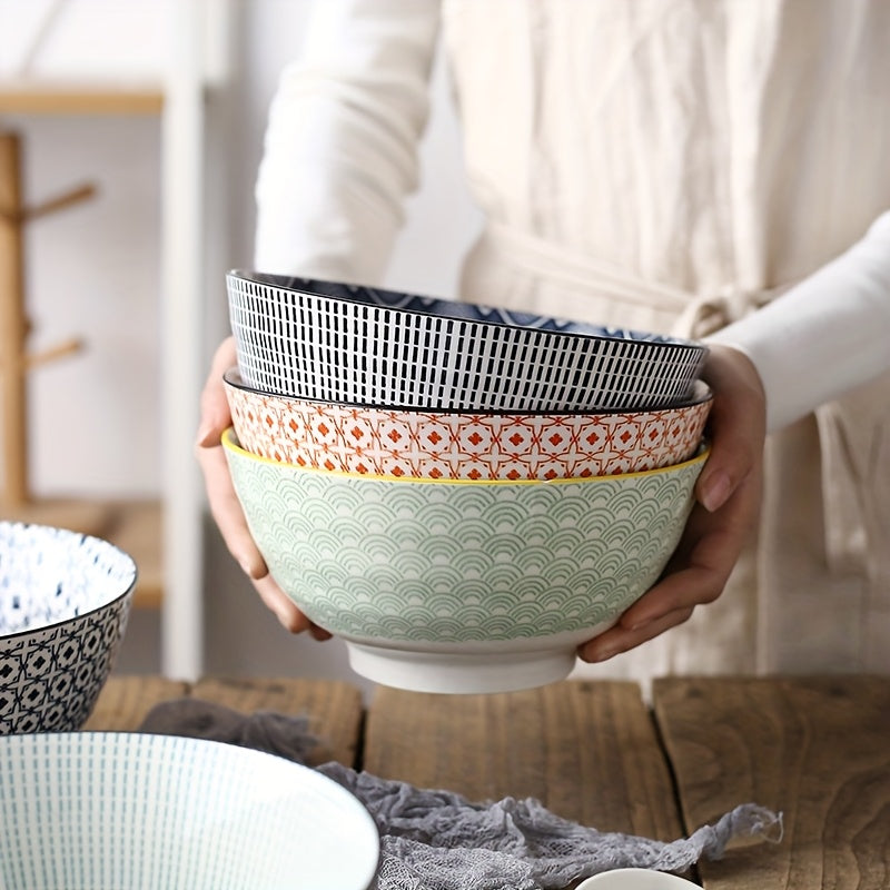 2pcs 8in Retro patterned ceramic bowl | Underglaze color double sided color design ceramic bowl