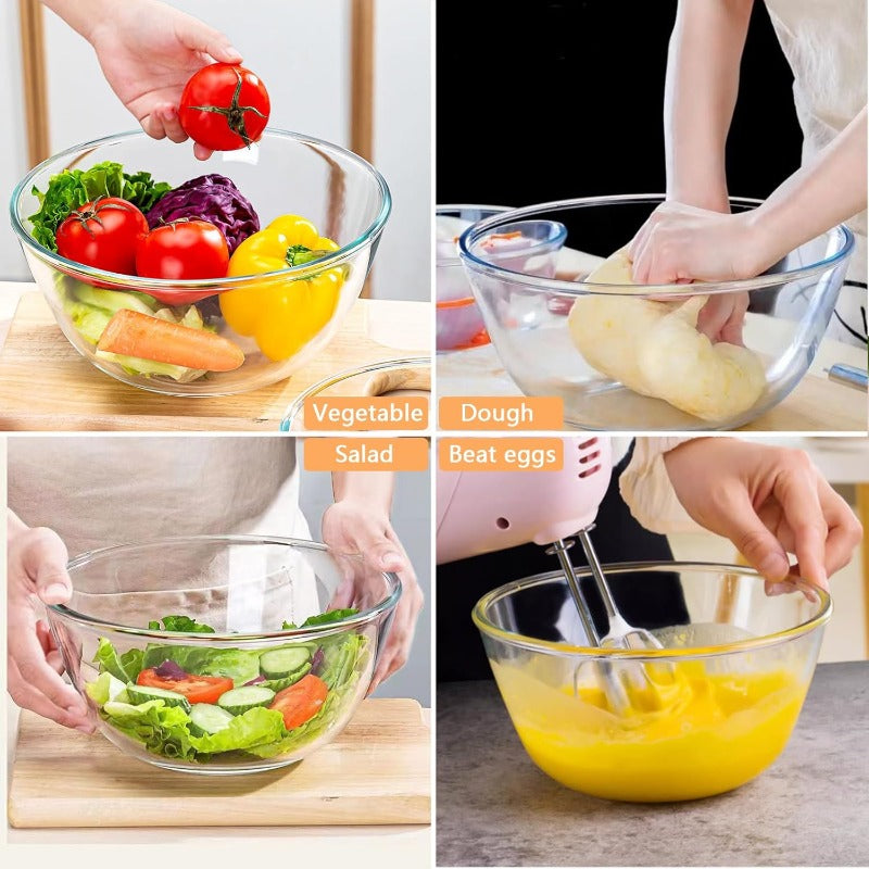 2pcs Large Glass Mixing Bowls with Lids Set - Heavy-Duty Clear Glass Nesting Bowls with Airtight Lids