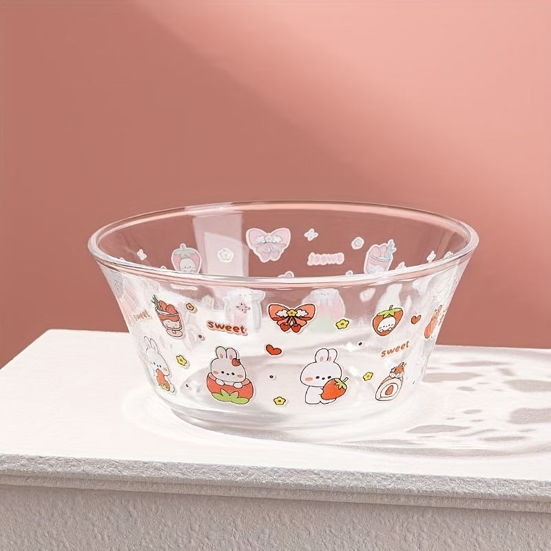 2pcs, cartoon glass salad bowl with lid, suitable for mixed food such as salad