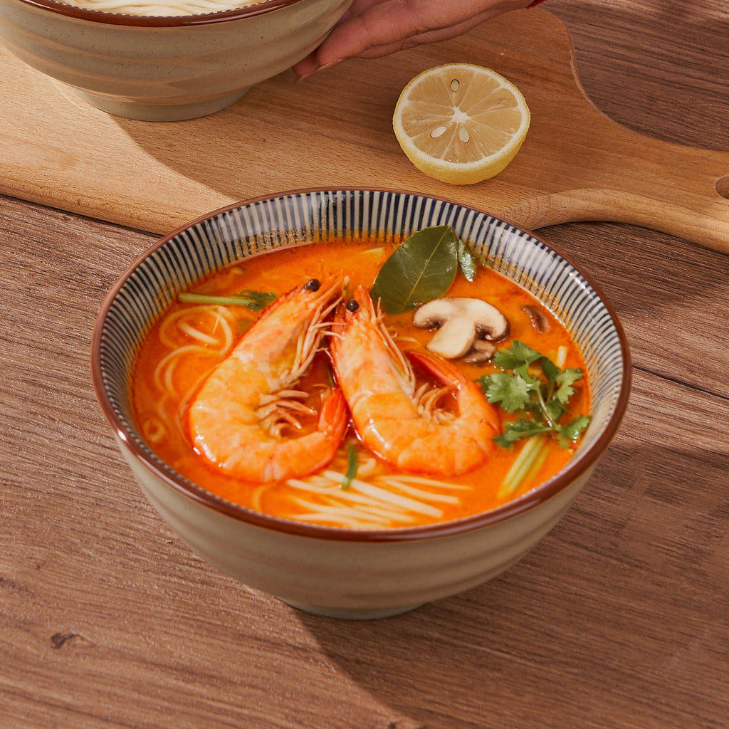 2\u002F4pcs 7-Inch Striped Ceramic Pasta Bowl | Underglaze Color Design