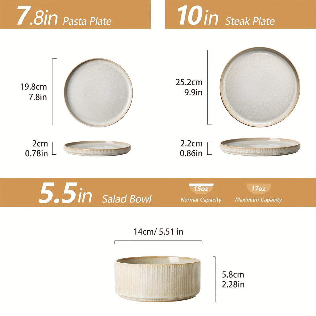 12pcs Striped Cream Beige Ceramic Dinnerware Set