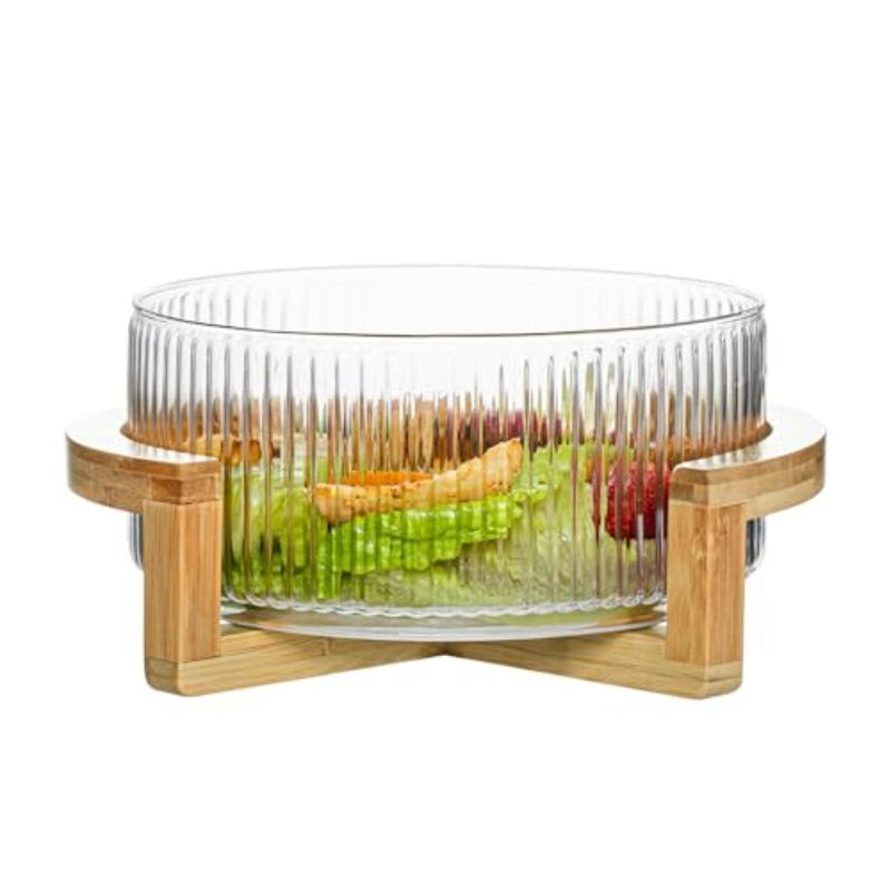 Large Borosilicate Glass Salad Bowl with Natural Stand - 8.74-Inch Wide-Mouth Serving Dish