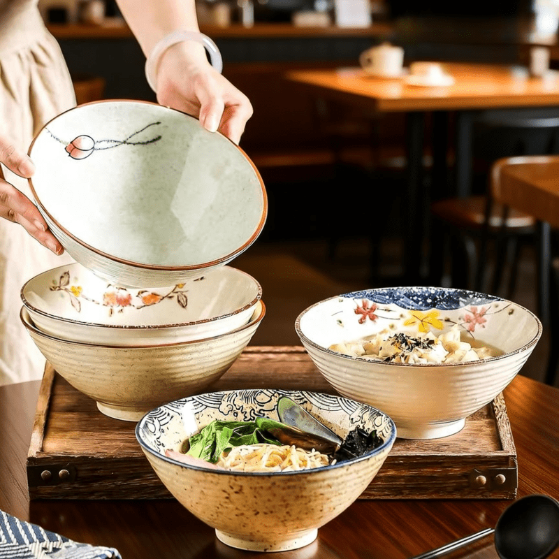 2pcs Large Japanese Ceramic Ramen Bowls with Underglaze Color