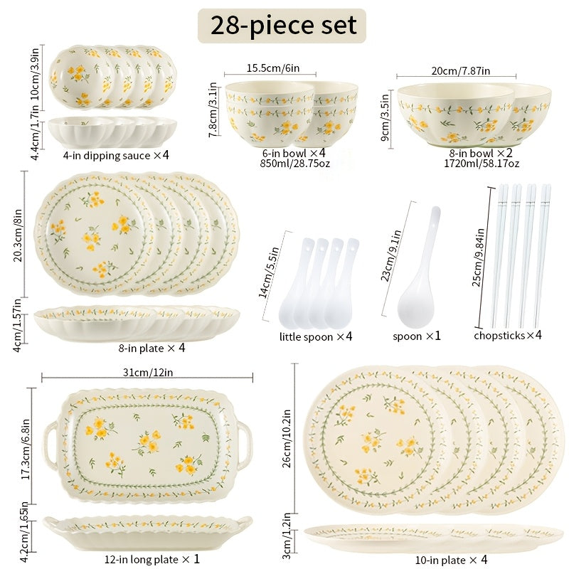 42\u002F56pcs Pastoral Floral Ceramic Tableware Set for Home Use, Creamy Yellow Base with Yellow-Green Floral Patterns, Fresh & Gentle Style, Including Bowls\u002FPlates\u002FRectangular Plates, Ideal for Daily Family Meals, Desserts And Soups