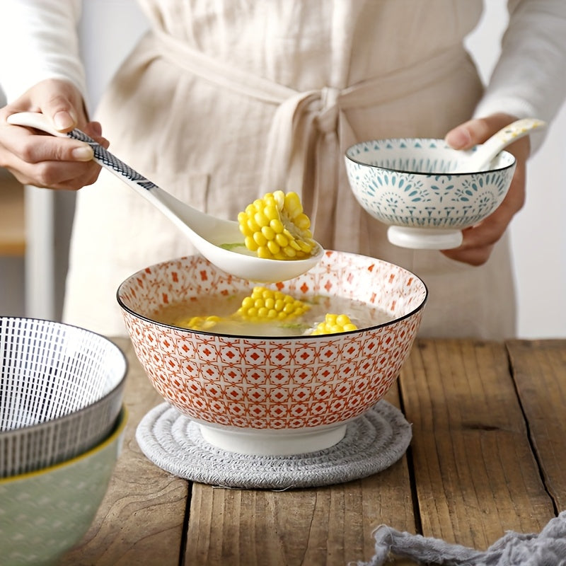 2pcs 8in Retro patterned ceramic bowl | Underglaze color double sided color design ceramic bowl