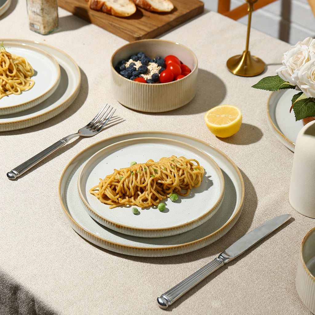 12pcs Striped Cream Beige Ceramic Dinnerware Set