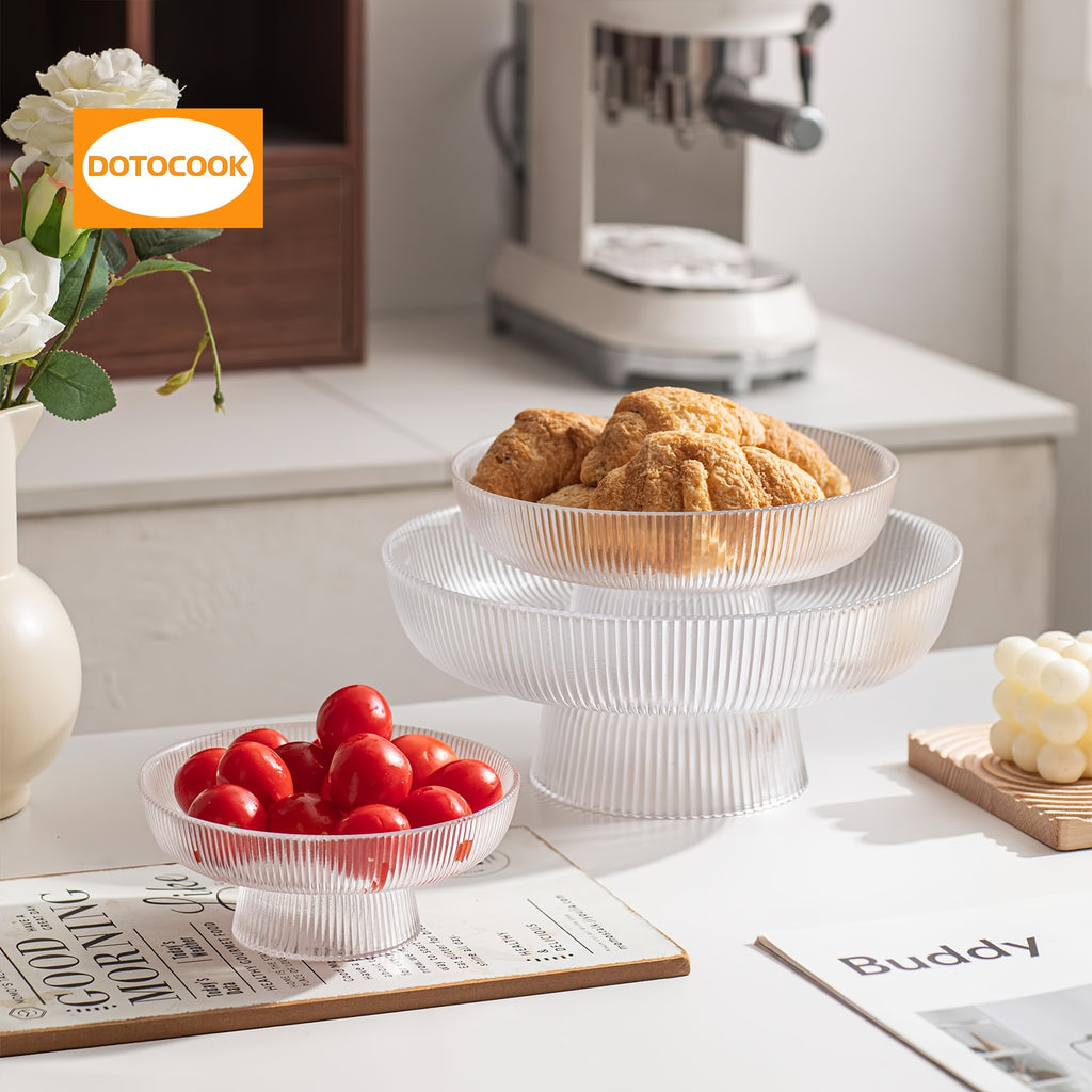 3pcs, Elegant Glass Fruit Bowl - Clear Ribbed Fluted Pedestal Bowl for Fruits, Salads