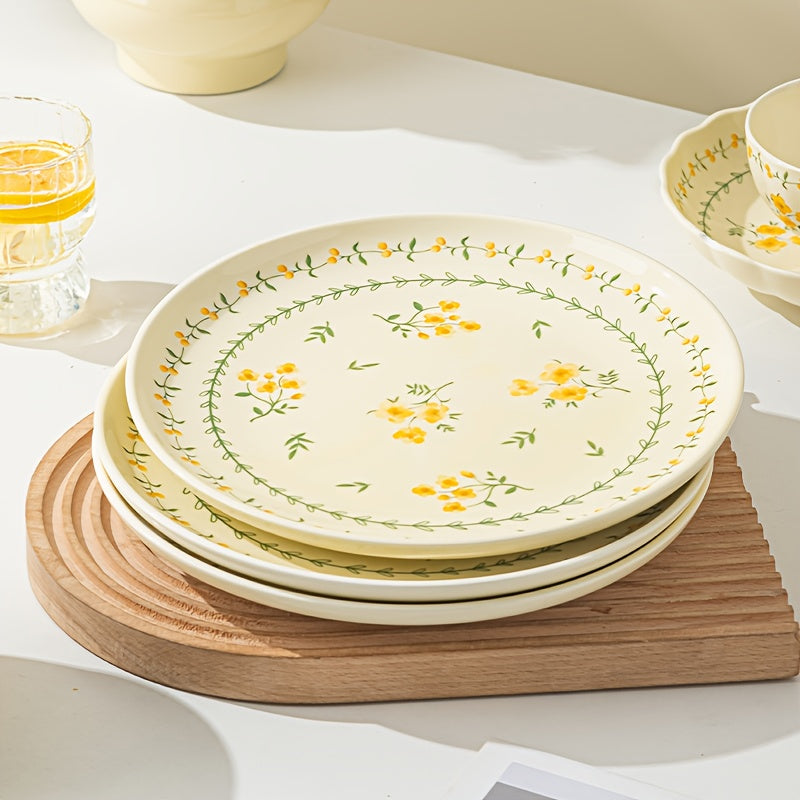 42\u002F56pcs Pastoral Floral Ceramic Tableware Set for Home Use, Creamy Yellow Base with Yellow-Green Floral Patterns, Fresh & Gentle Style, Including Bowls\u002FPlates\u002FRectangular Plates, Ideal for Daily Family Meals, Desserts And Soups